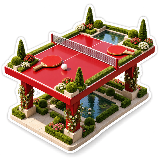 Red Table Tennis above Formal Garden Pools Vinyl Decal Stickers
