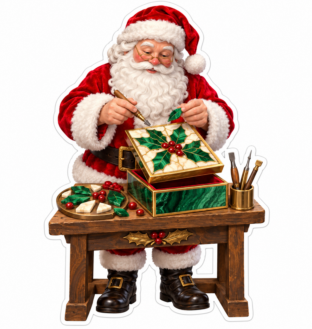 Santa Decorating a Holly Box at a Wooden Bench Vinyl Decal Stickers