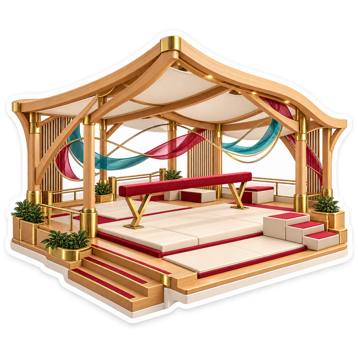 Red Balance Beam beneath Wooden Pavilion Vinyl Decal Stickers