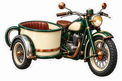 Green Motorcycle with Camping Mug Sidecar Vinyl Decal Stickers
