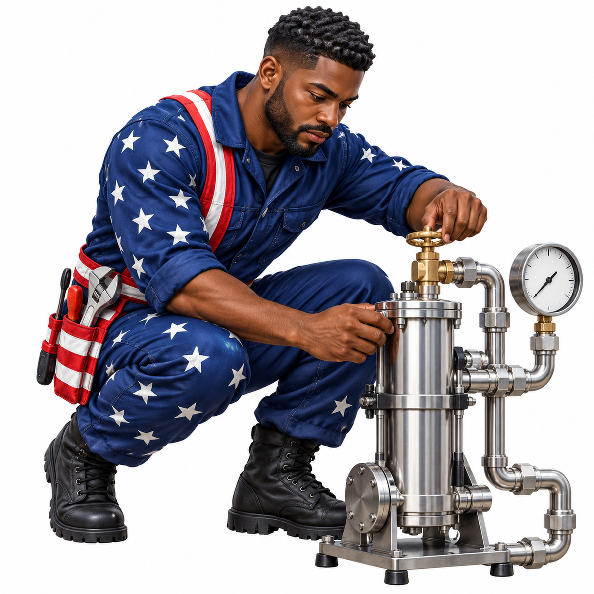 Man Adjusting Steel Valves with Round Gauge Vinyl Decal Stickers