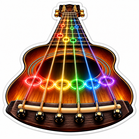 Acoustic Guitar with Rainbow String Rings Art Vinyl Decal Stickers