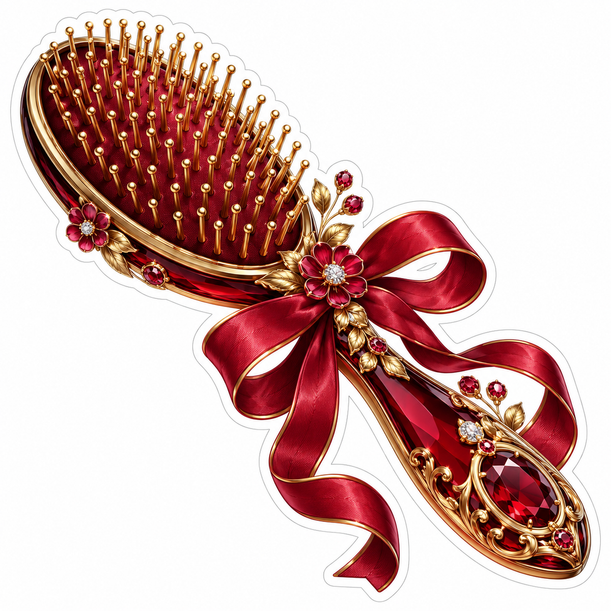 Ruby Hairbrush With Ribbon and Gold Flowers Art Vinyl Decal Stickers