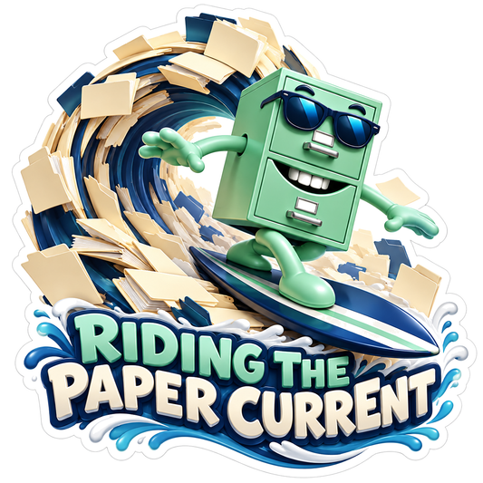 Mint Filing Cabinet Surfing a Paper Wave Vinyl Decal Stickers