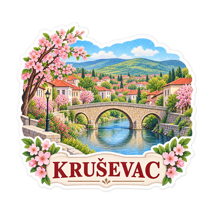 Krusevac Bridge and Pink Blossoms Art Vinyl Decal Stickers