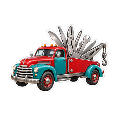 Red Tow Truck with Folding Multitool Art Vinyl Decal Stickers