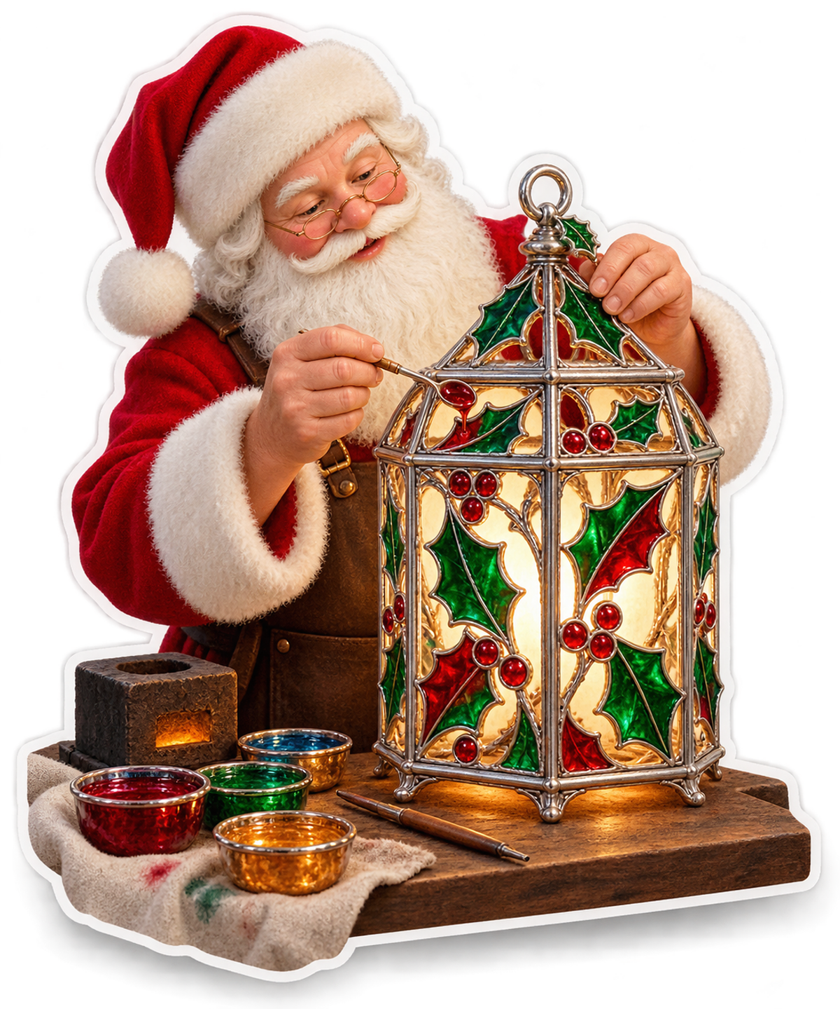 Santa Decorating a Holly Lantern Vinyl Decal Stickers