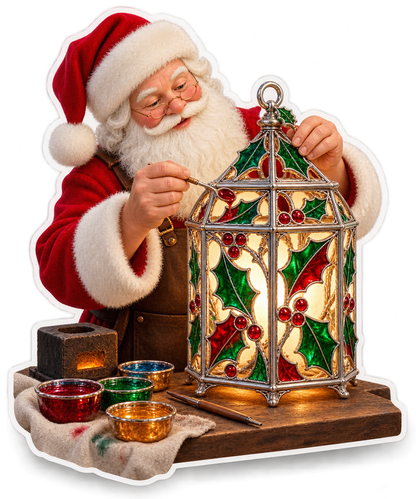 Santa Decorating a Holly Lantern Vinyl Decal Stickers