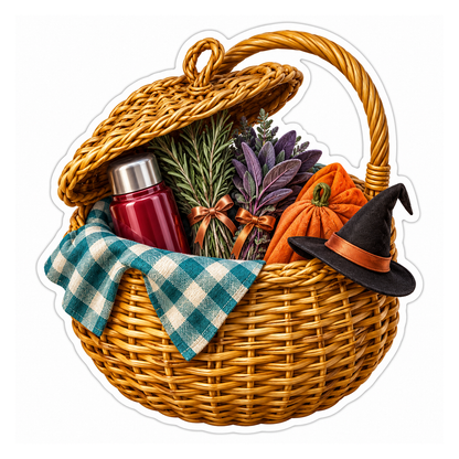 Wicker Picnic Basket Pumpkin Witch Hat Vinyl Decal Stickers