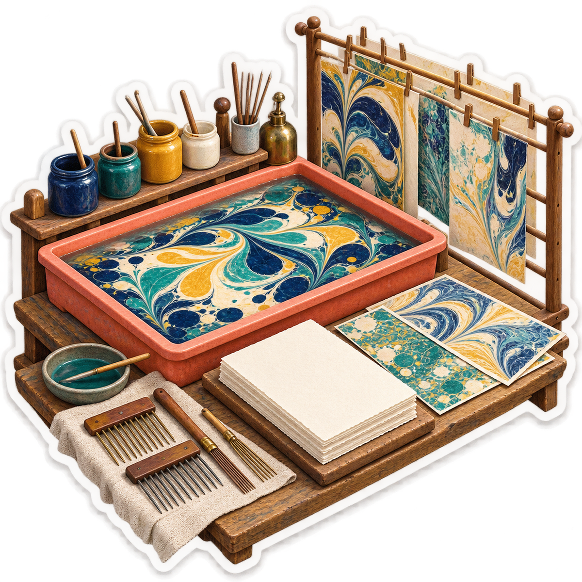 Coral Marbling Tray with Blue Swirled Paper Vinyl Decal Stickers