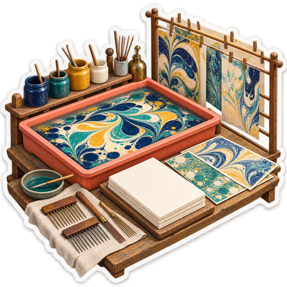 Coral Marbling Tray with Blue Swirled Paper Vinyl Decal Stickers
