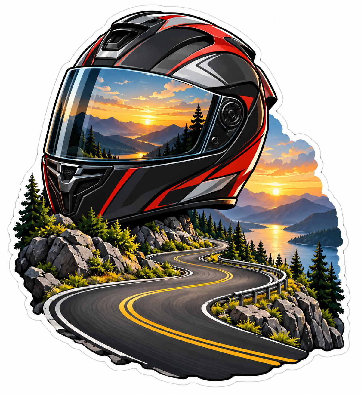 Red Black Helmet and Winding Mountain Road Vinyl Decal Stickers