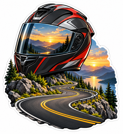Red Black Helmet and Winding Mountain Road Vinyl Decal Stickers