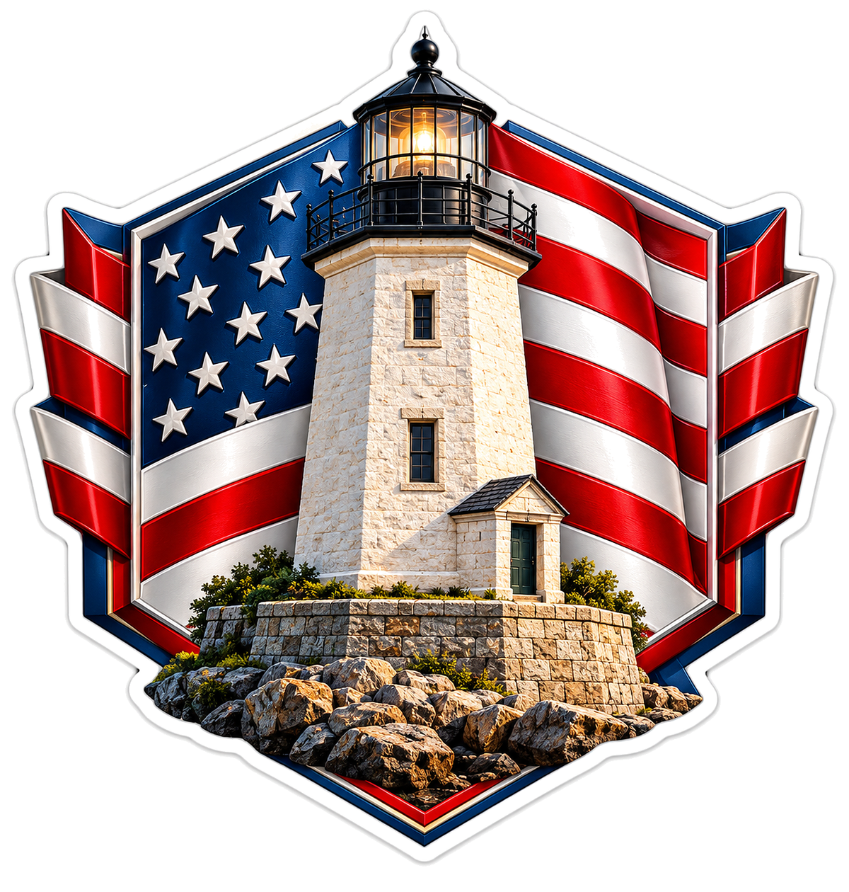 Stone Lighthouse American Flag Shield Art Vinyl Decal Stickers