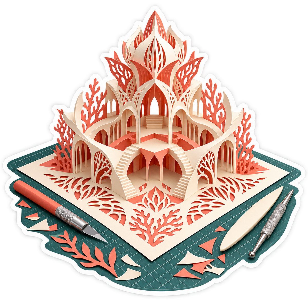 Coral Paper Cut Palace on Teal Cutting Mat Vinyl Decal Stickers
