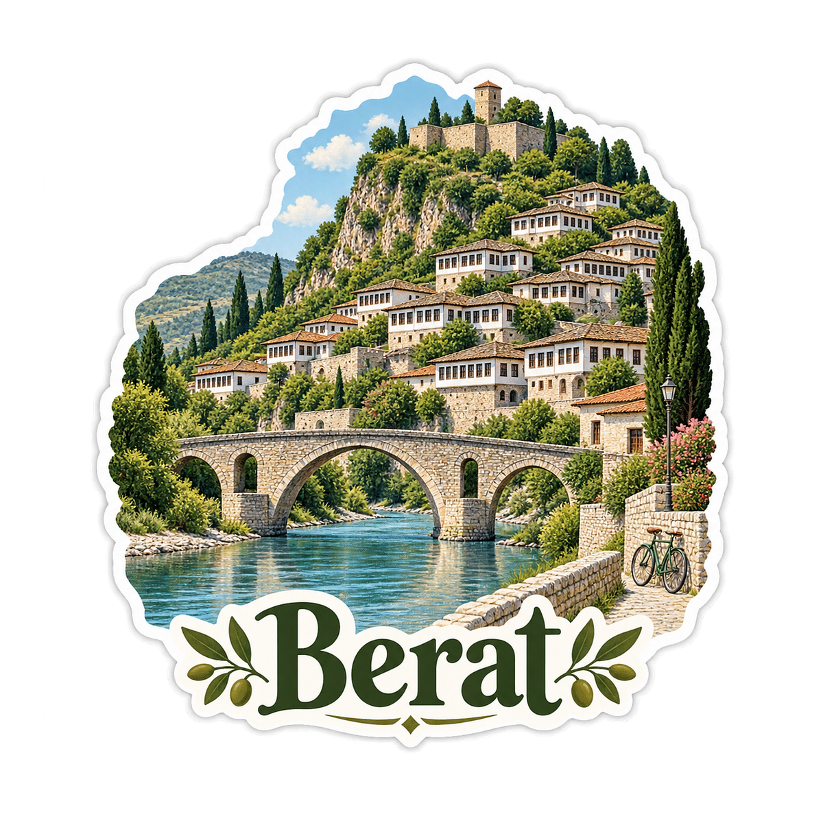 Berat Hillside Houses and Stone Bridge Vinyl Decal Stickers