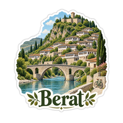 Berat Hillside Houses and Stone Bridge Vinyl Decal Stickers
