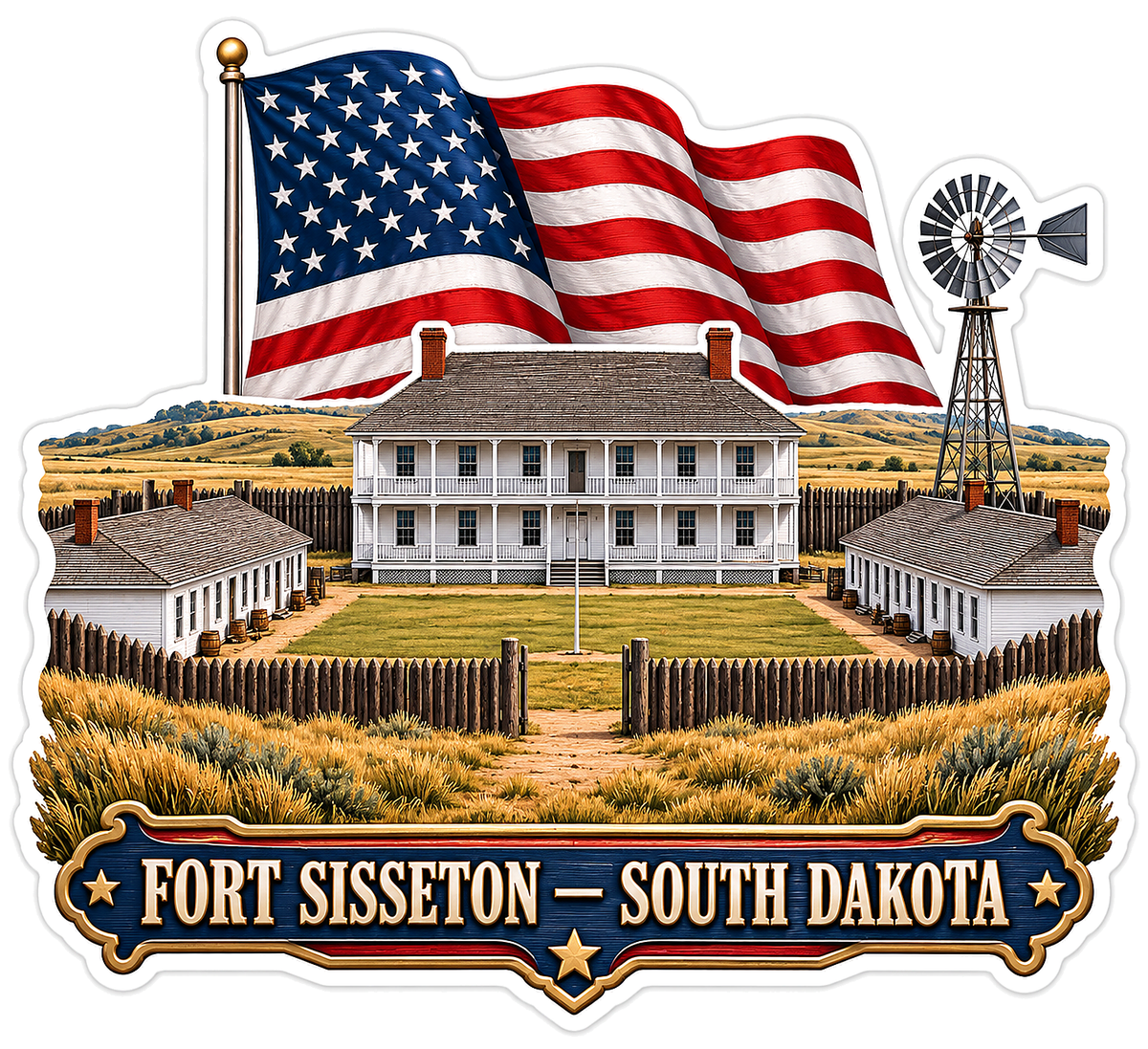 US Flag Fort Sisseton Buildings and Windmill Vinyl Decal Stickers