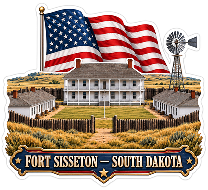 US Flag Fort Sisseton Buildings and Windmill Vinyl Decal Stickers