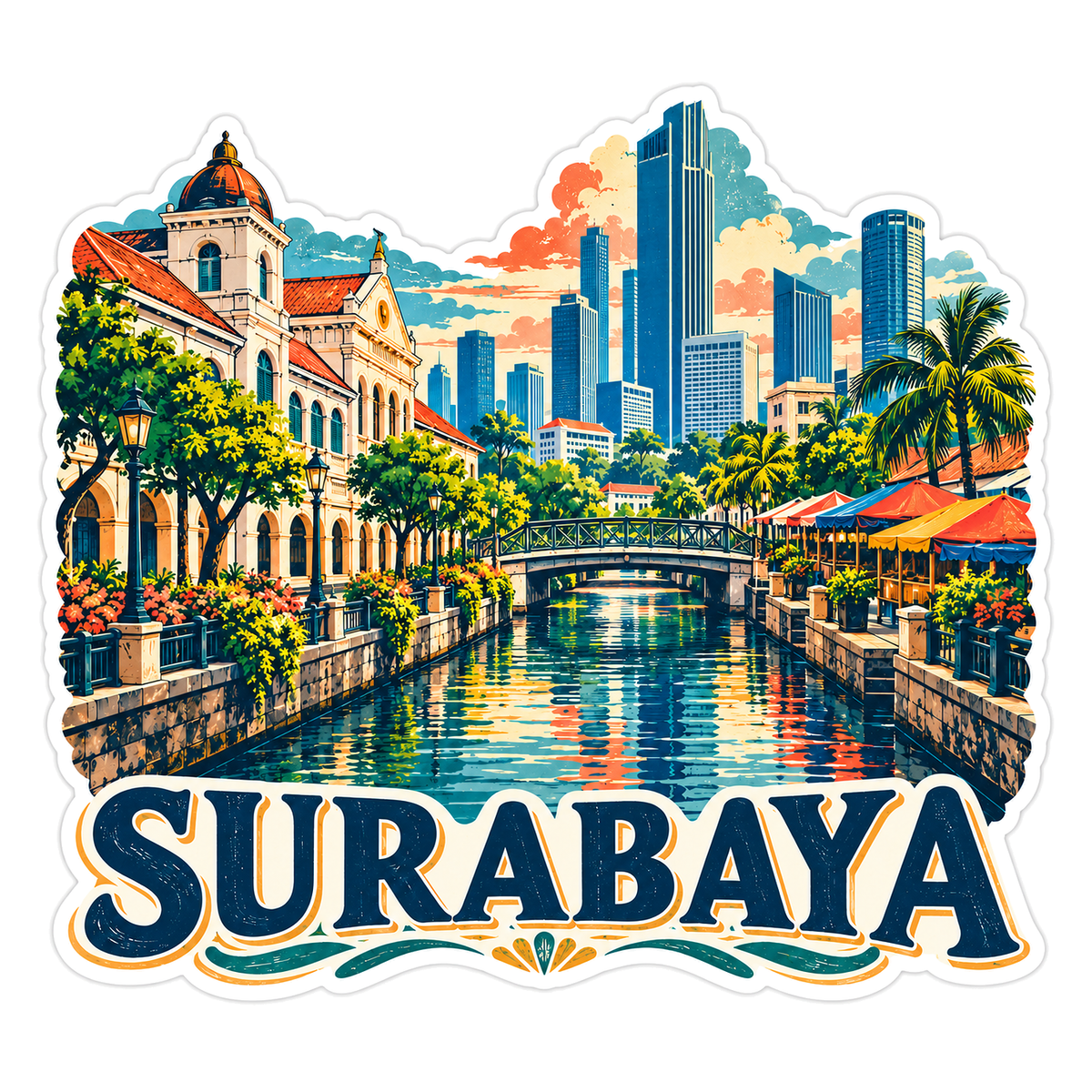 Surabaya Canal Skyline Travel Art Vinyl Decal Stickers
