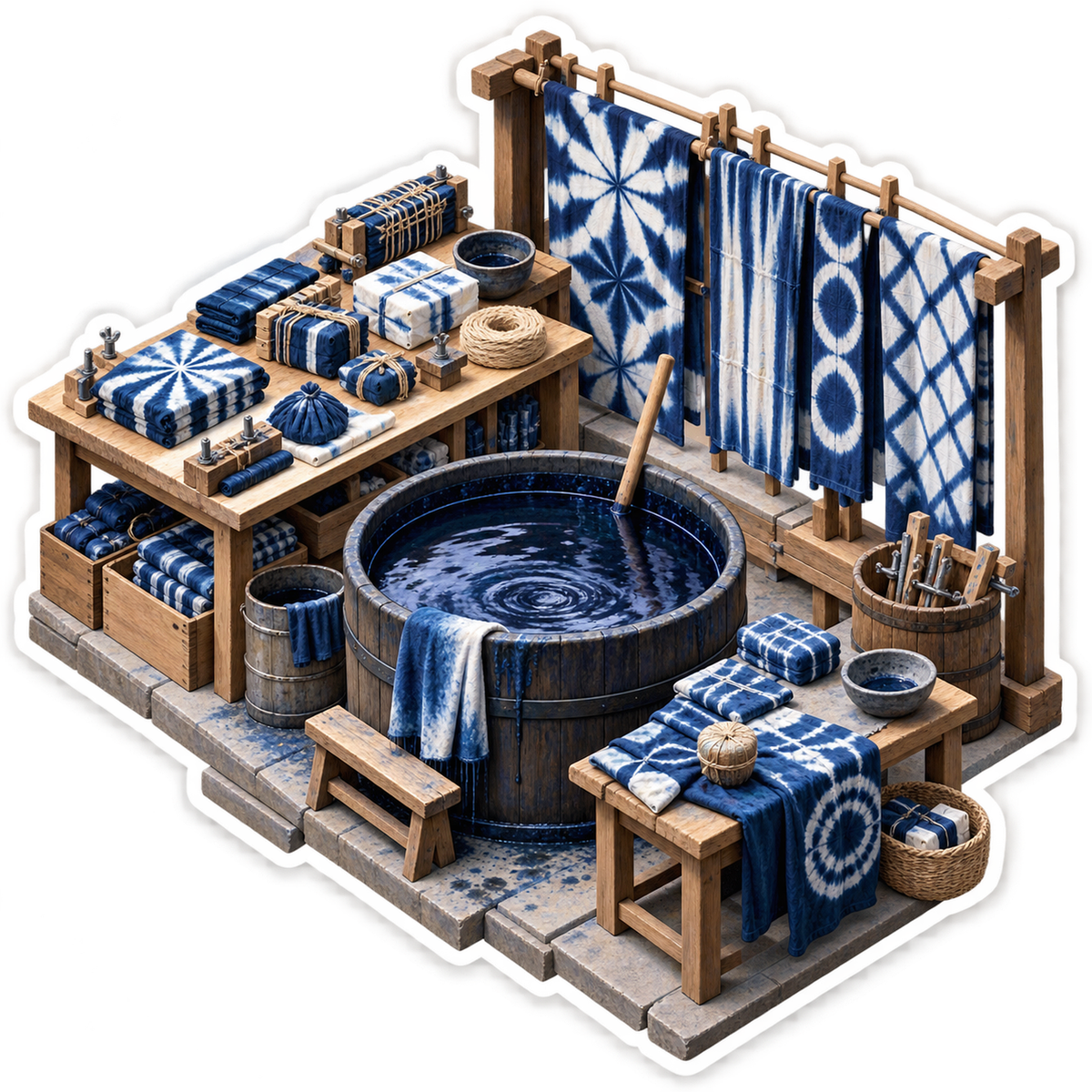 Indigo Fabric Dye Vat With Hanging Patterns Art Vinyl Decal Stickers