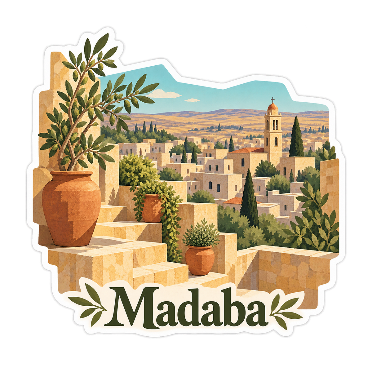 Madaba Limestone Steps and Olive Pot Art Vinyl Decal Stickers