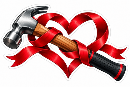 Silver Hammer with Red Heart Shaped Ribbon Vinyl Decal Stickers