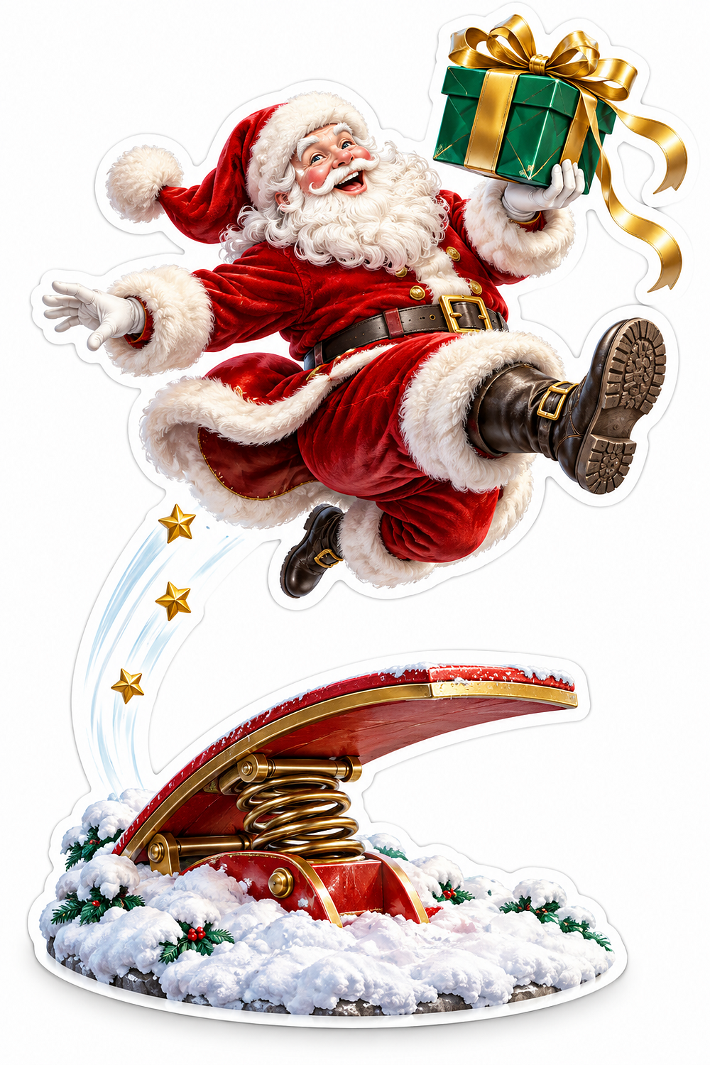 Santa Leaping from Springboard with Green Gift Vinyl Decal Stickers