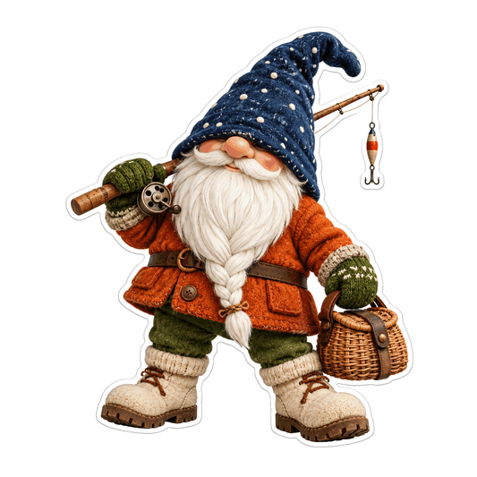 Fishing Gnome Polka Dot Hat Basket Art Vinyl Decal Stickers