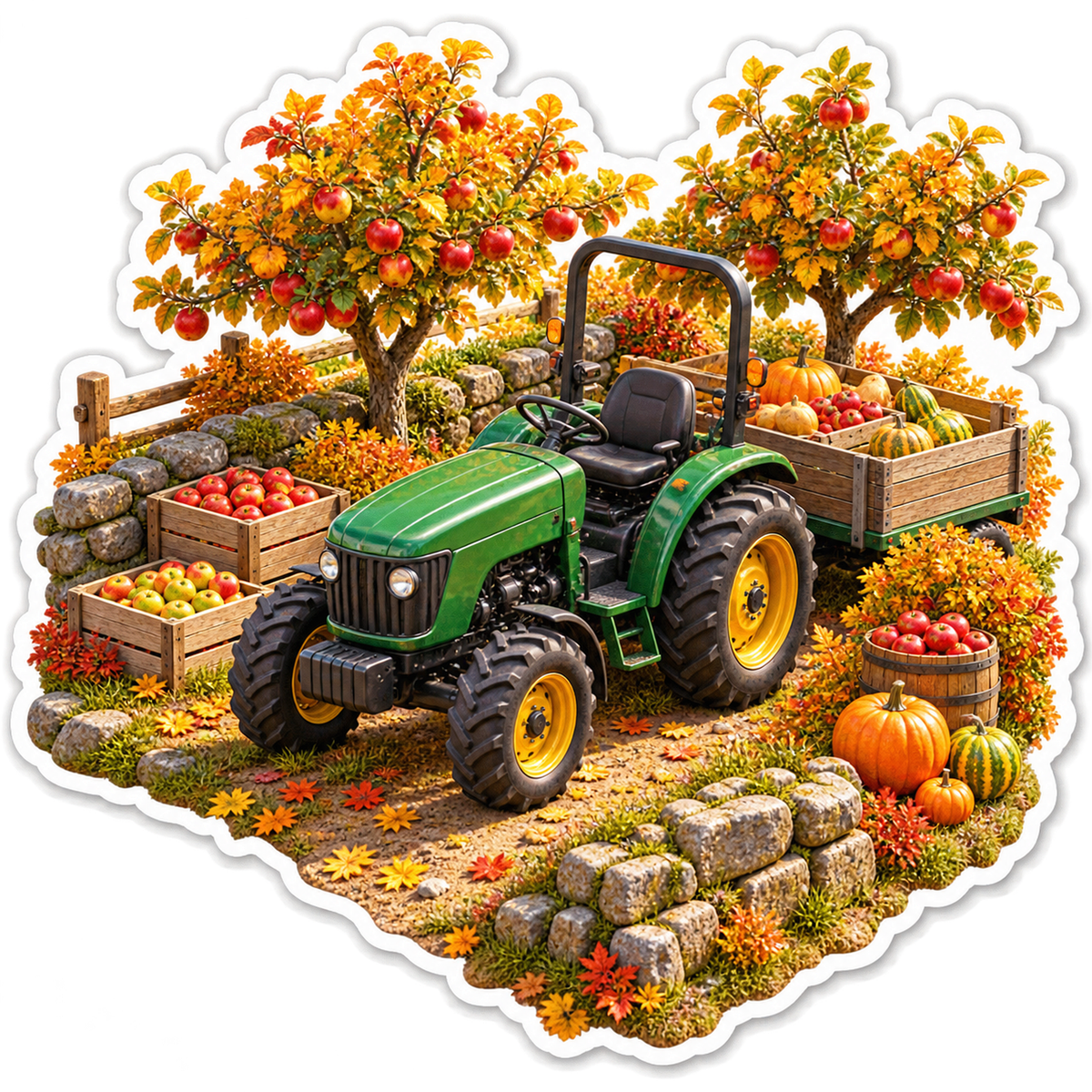 Green Tractor among Autumn Orchard Trees Vinyl Decal Stickers