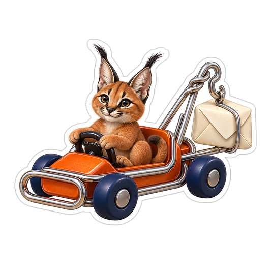Caracal Kitten Driving Orange Mail Cart Vinyl Decal Stickers
