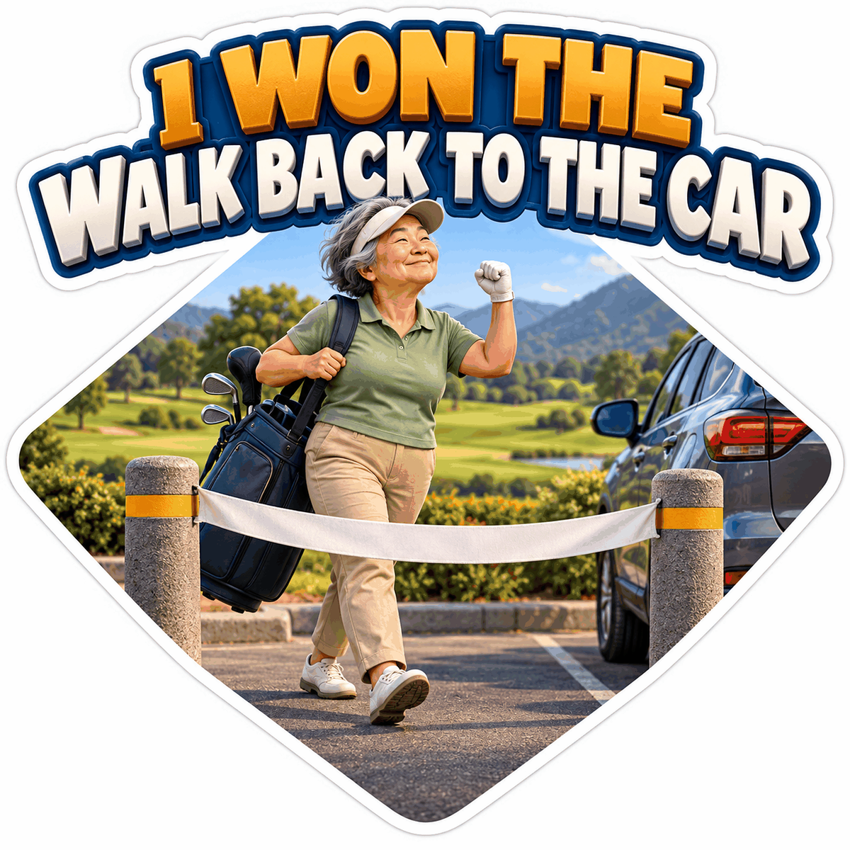 Woman Golfer Crossing Finish Line beside Car Vinyl Decal Stickers
