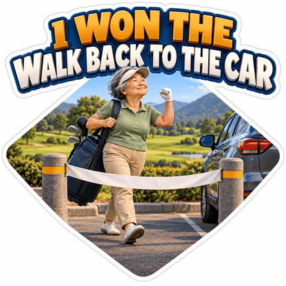 Woman Golfer Crossing Finish Line beside Car Vinyl Decal Stickers