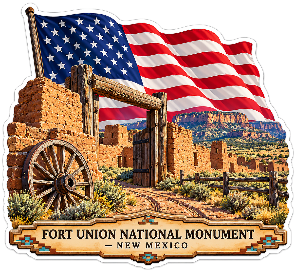 US Flag Fort Union Adobe Ruins and Wagon Wheel Vinyl Decal Stickers
