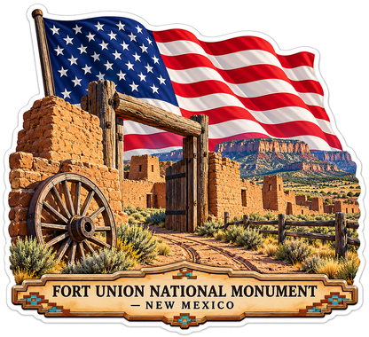 US Flag Fort Union Adobe Ruins and Wagon Wheel Vinyl Decal Stickers