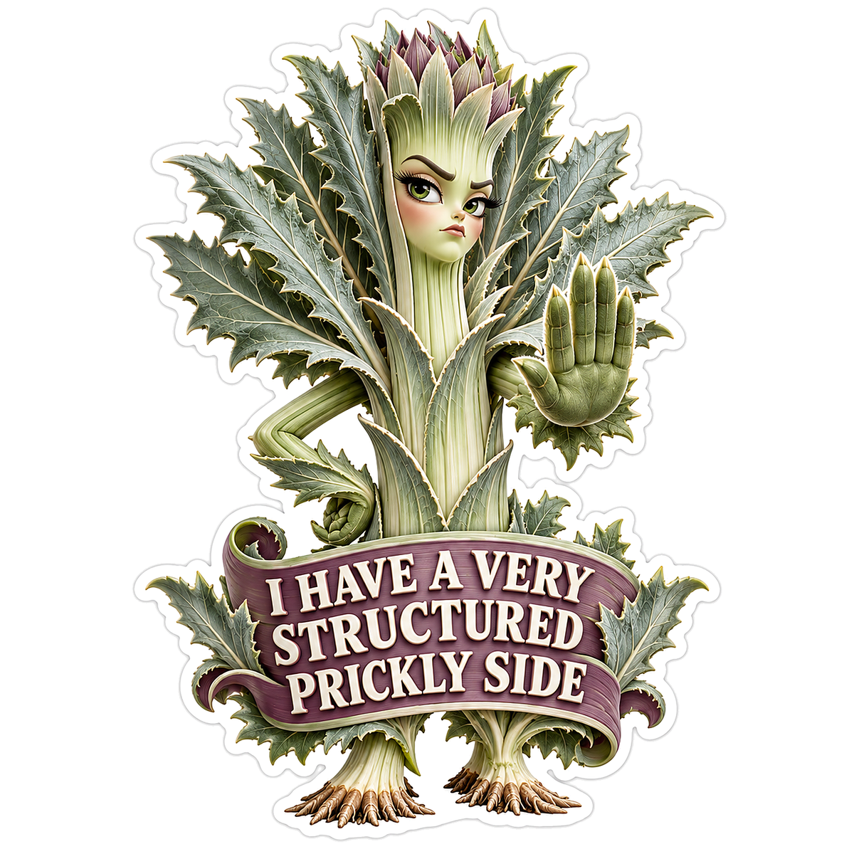 Leafy Cardoon Character Raising Green Hand Vinyl Decal Stickers