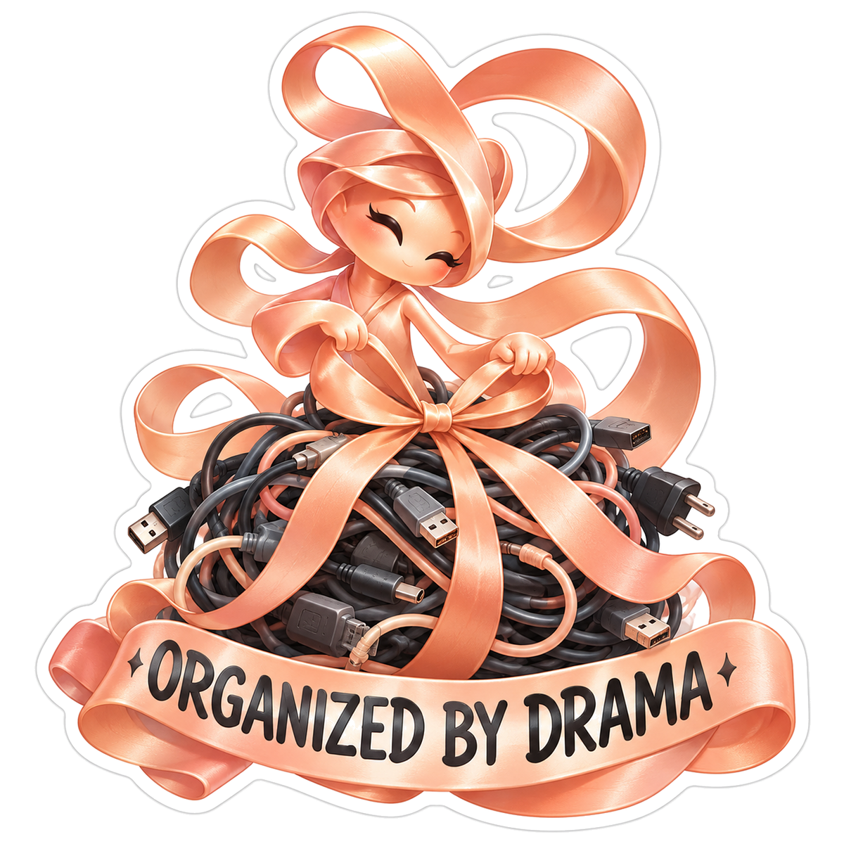 Peach Ribbon Character Wrapping Tangled Cables Vinyl Decal Stickers