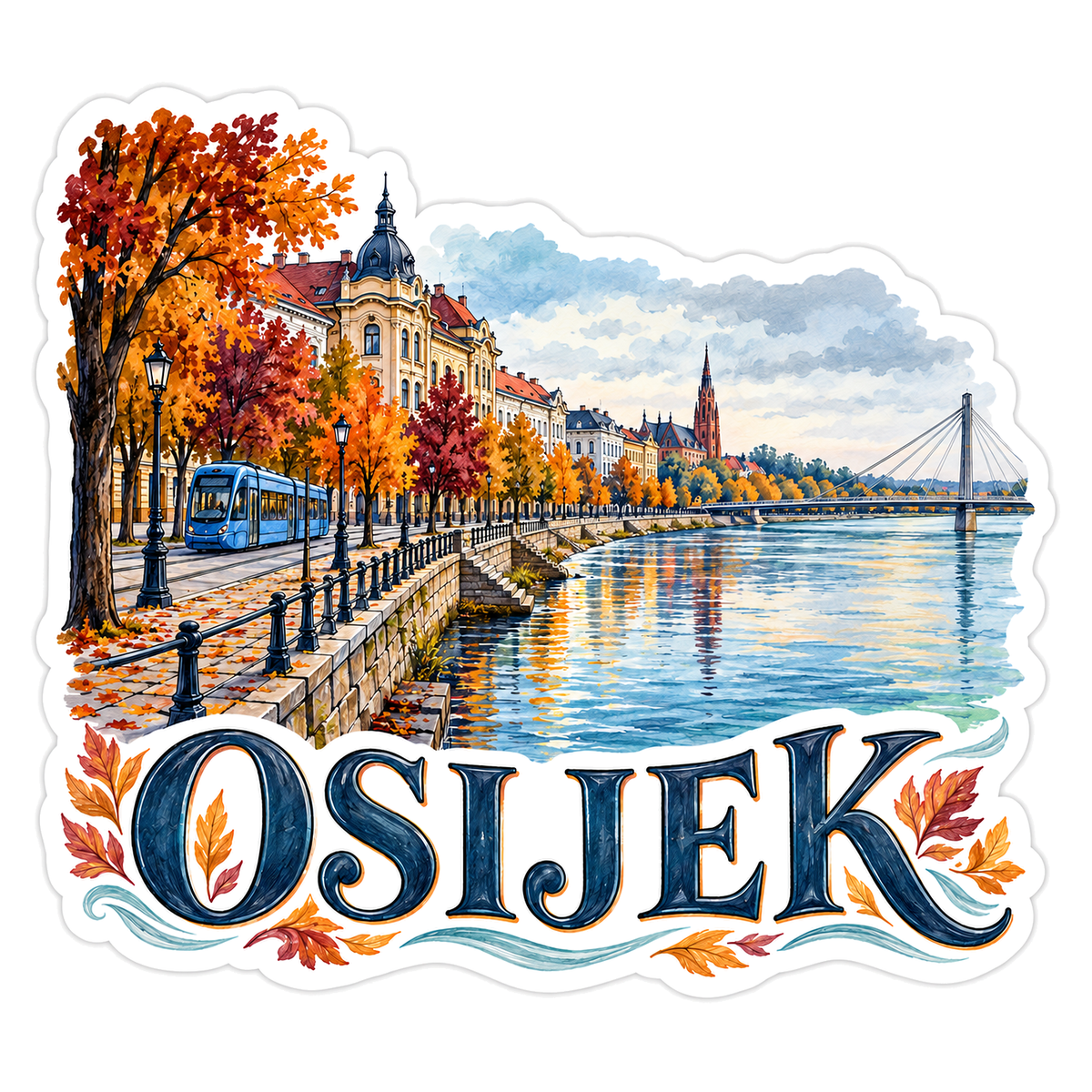 Osijek Autumn River Promenade Travel Art Vinyl Decal Stickers