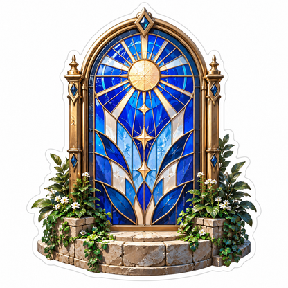 Blue Stained Glass Arch With Sun and Stars Art Vinyl Decal Stickers