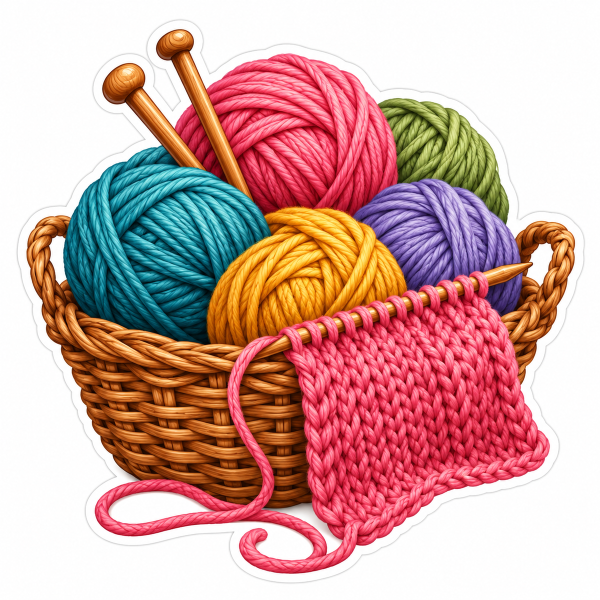 Basket of Colorful Yarn and Pink Knitting Vinyl Decal Stickers