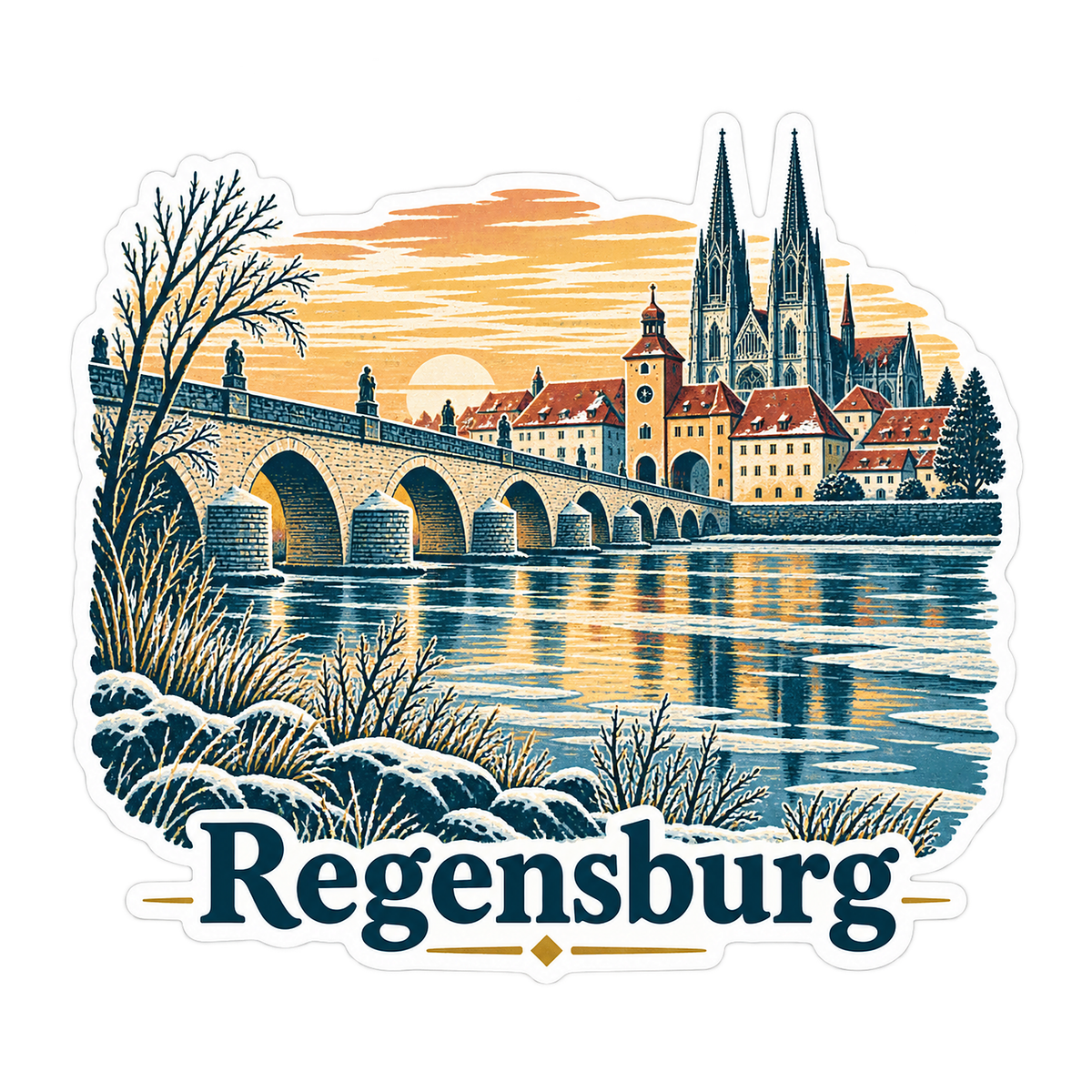 Regensburg Winter Stone Bridge Art Vinyl Decal Stickers