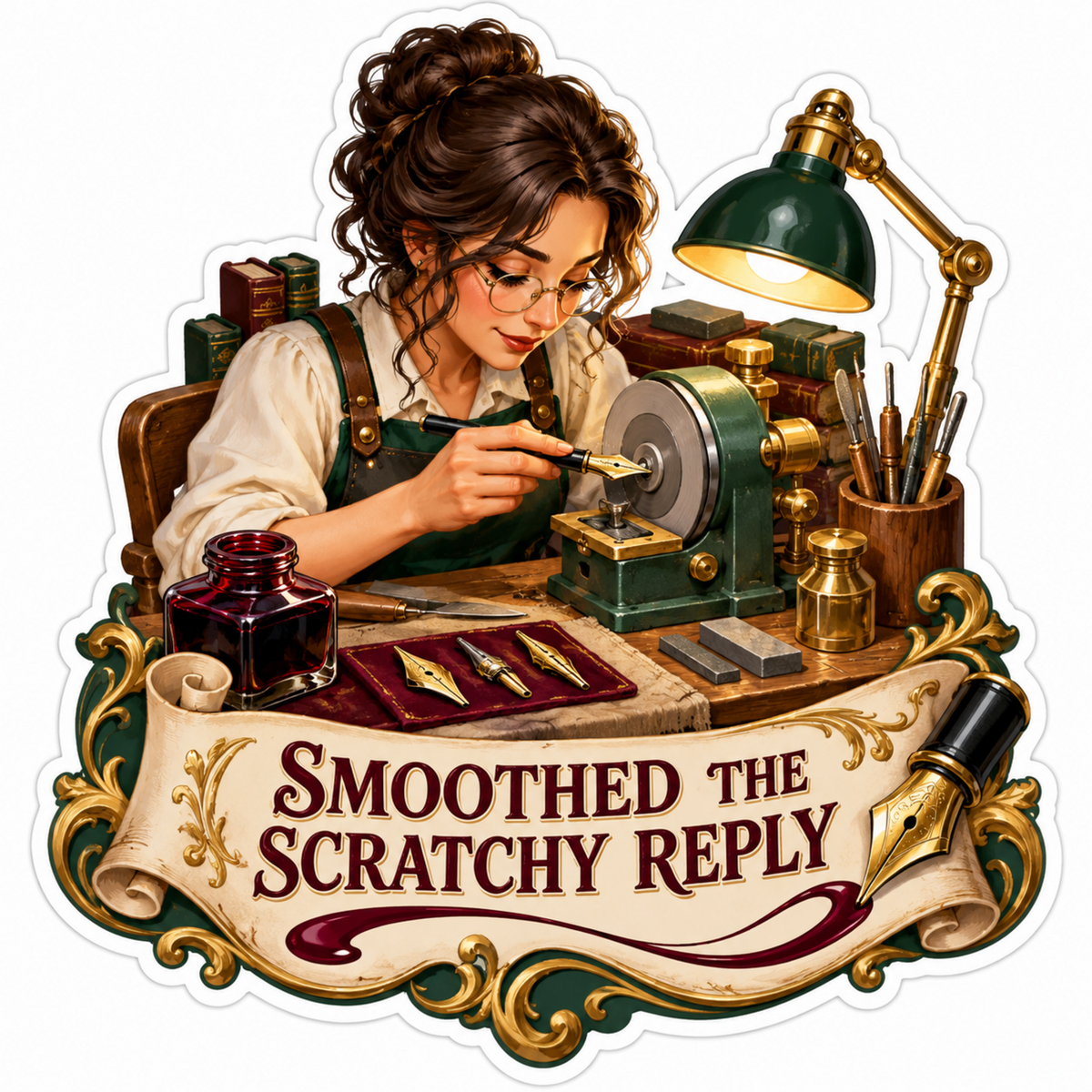Fountain Pen Craftswoman with Grinding Wheel Art Vinyl Decal Stickers