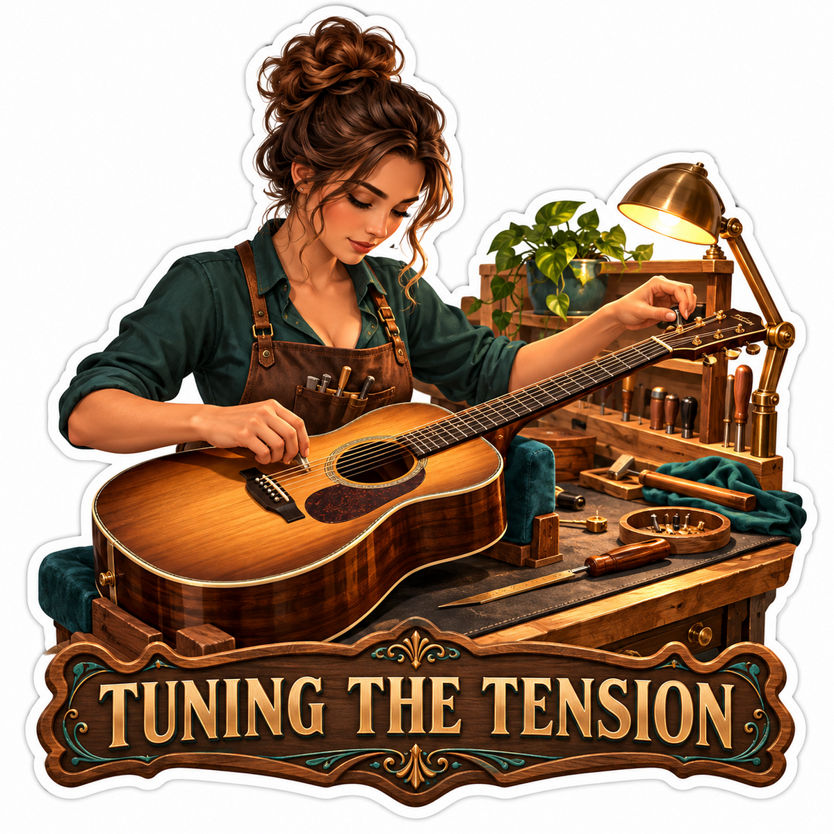 Guitar Maker Adjusting Strings at a Workbench Vinyl Decal Stickers