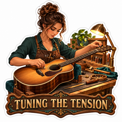 Guitar Maker Adjusting Strings at a Workbench Vinyl Decal Stickers