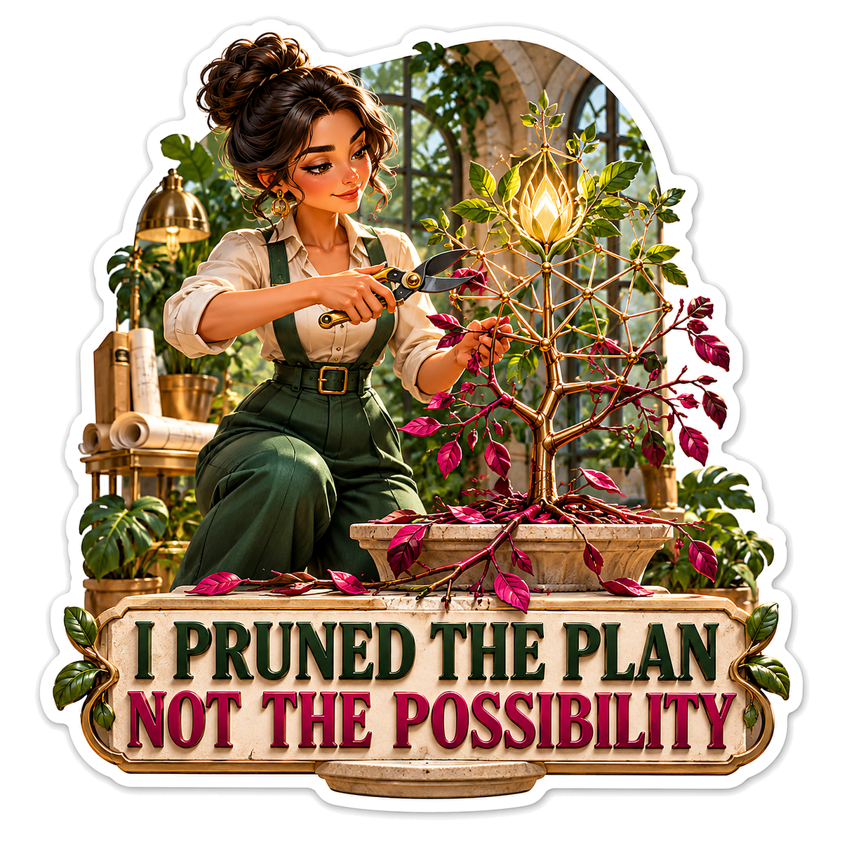 Woman Pruning a Decorative Potted Tree Vinyl Decal Stickers
