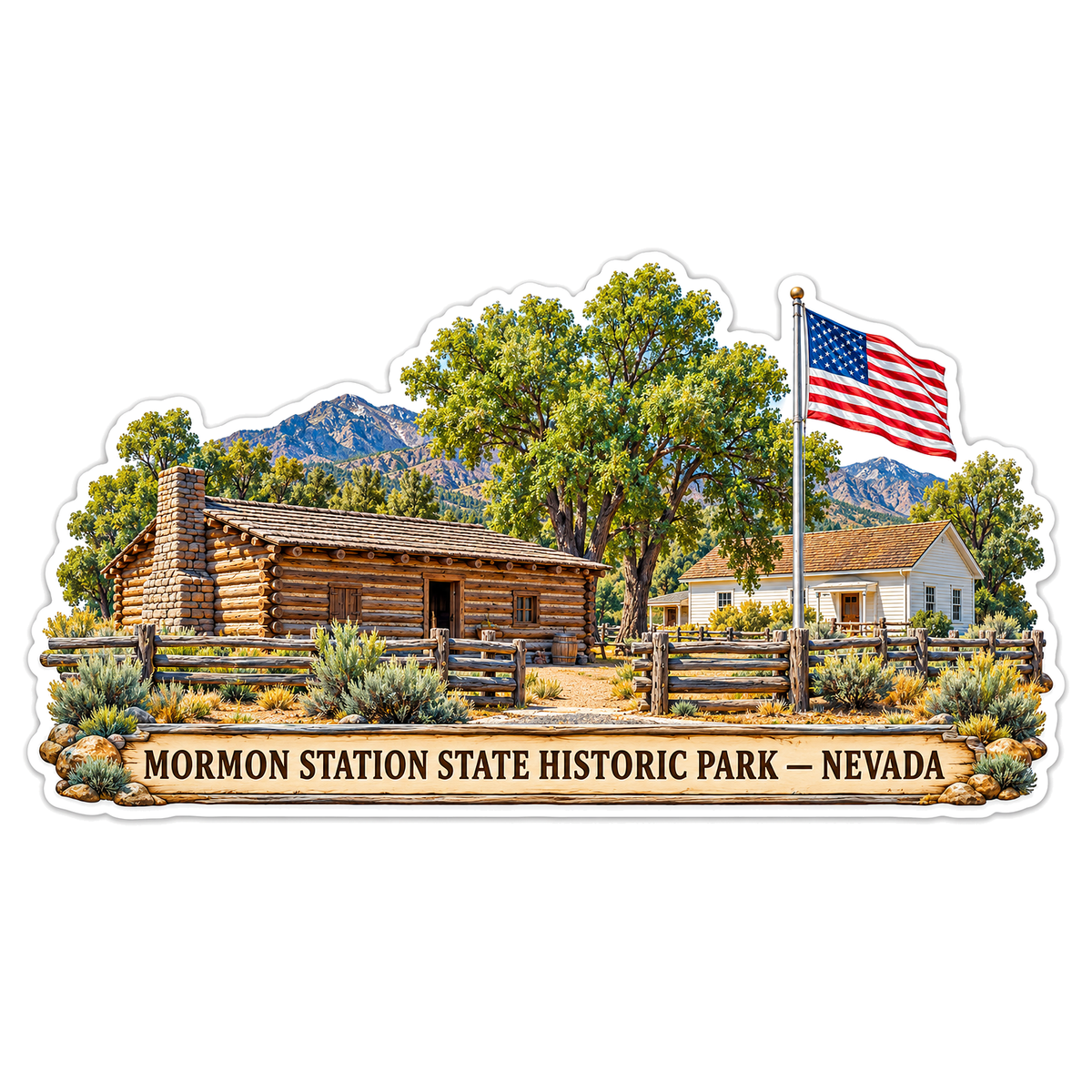 Nevada Log Cabin with American Flag Art Vinyl Decal Stickers
