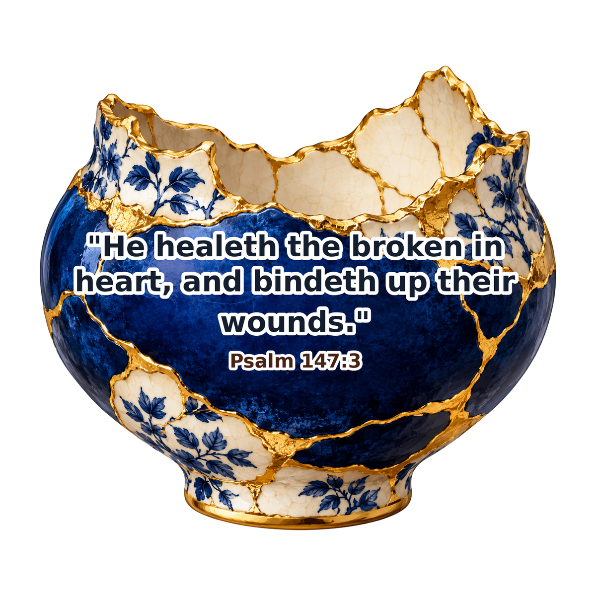 Blue Floral Bowl with Golden Cracks and Psalm Vinyl Decal Stickers