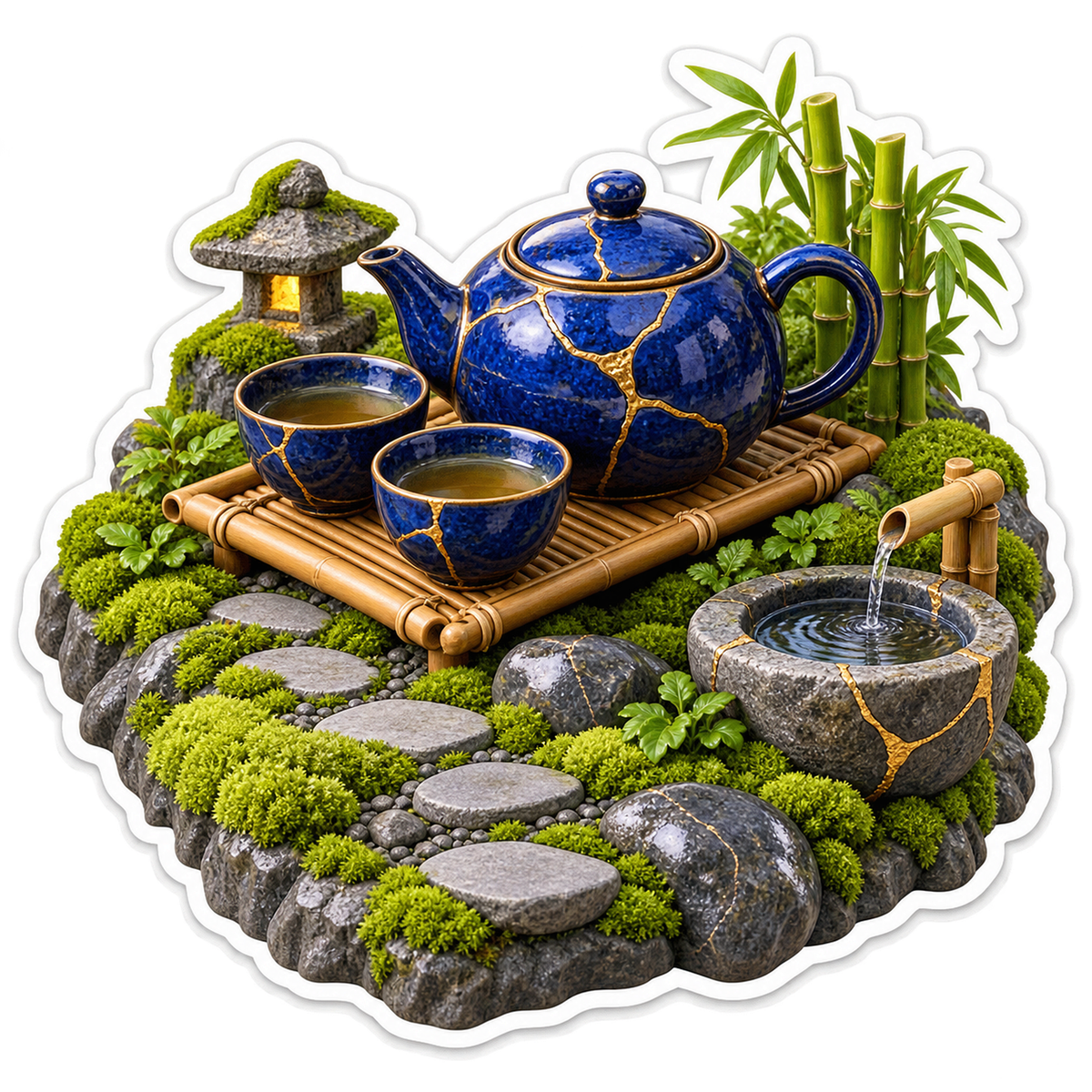 Blue Tea Set in Bamboo Rock Garden Vinyl Decal Stickers