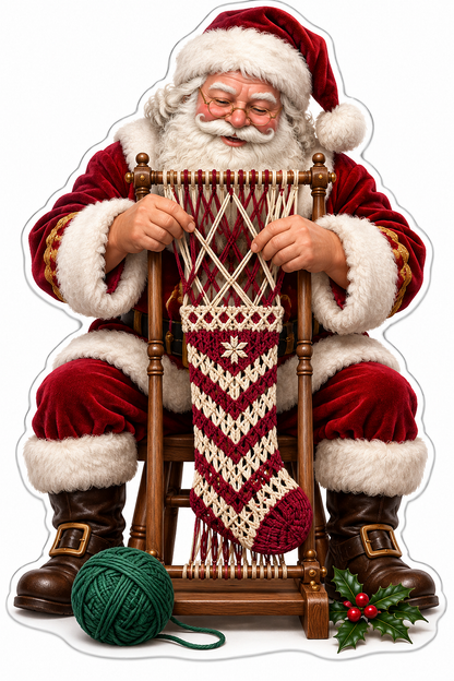 Santa Weaving a Red Cream Chevron Band on Loom Vinyl Decal Stickers