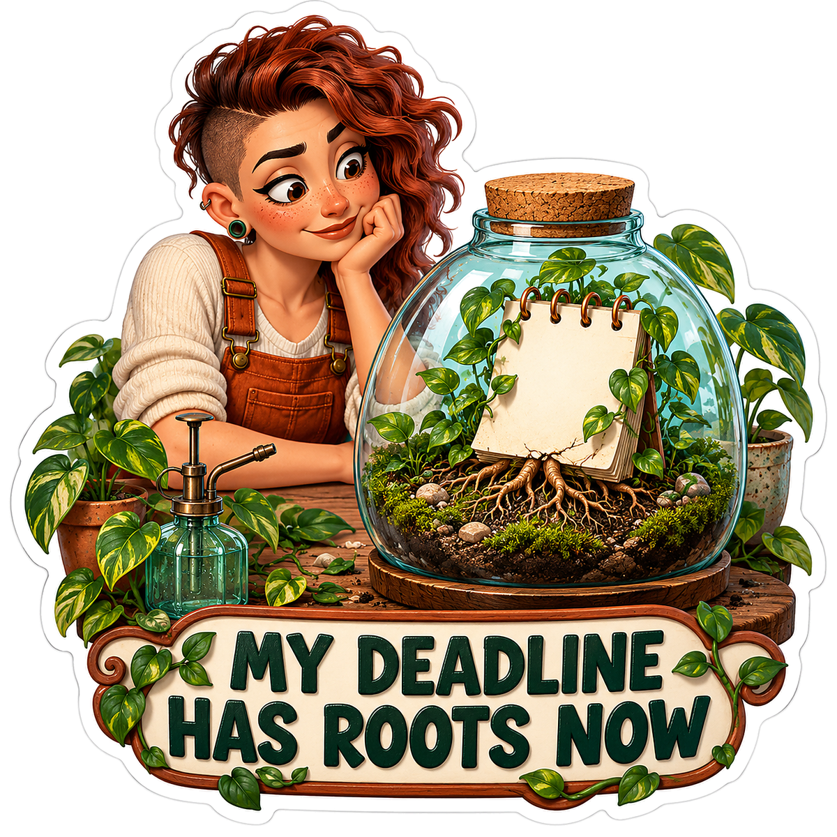Woman Tending a Notebook Terrarium Vinyl Decal Stickers